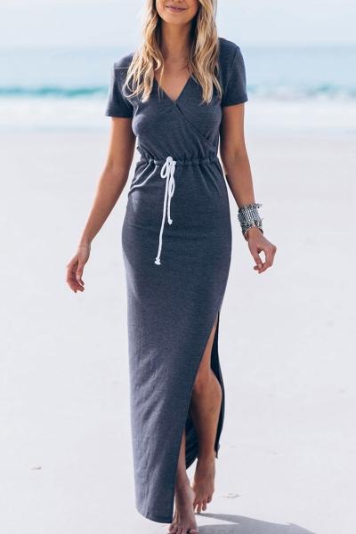 Oasap Side Slit Lace-up Waist Short Sleeve Wrap Dress