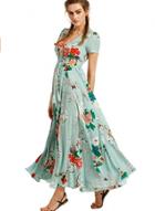 Oasap Boho V Neck Short Sleeve High Waist Slit Floral Maxi Dress