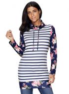 Oasap Dark Blue Striped And Floral Hoodie