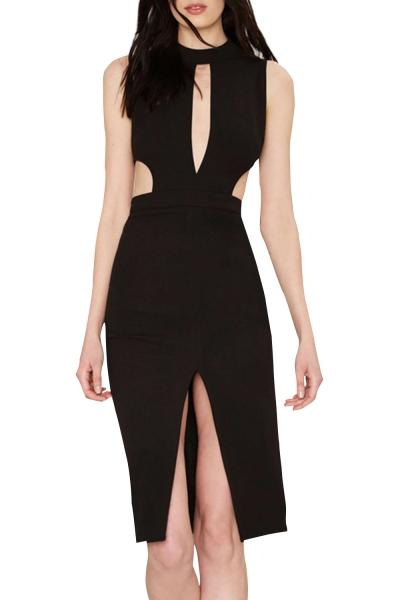 Oasap Women's Black Sleeveless Cut-out Club Slit Dress