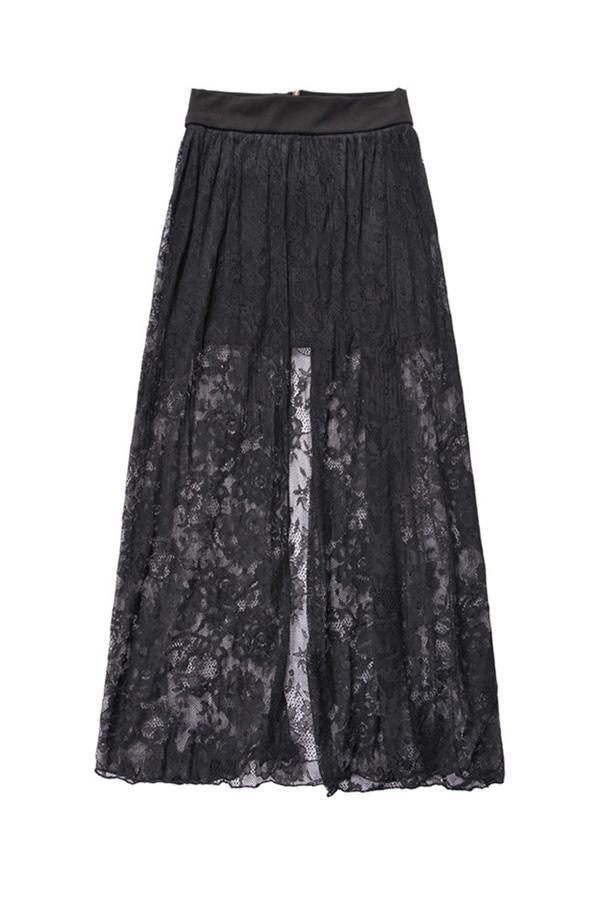 Oasap Long Black Forked Lace Skirt