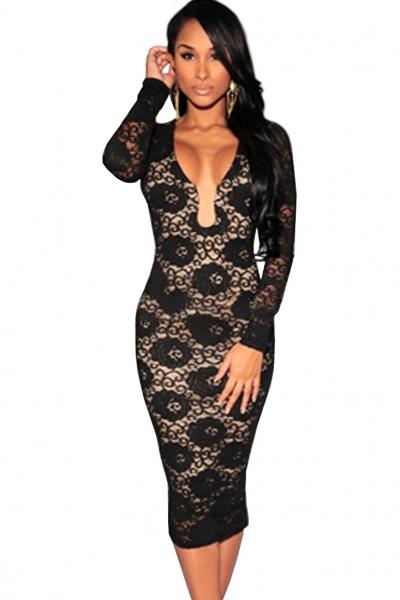 Oasap Black Plunge Long Sleeves Lace Party Midi Dress