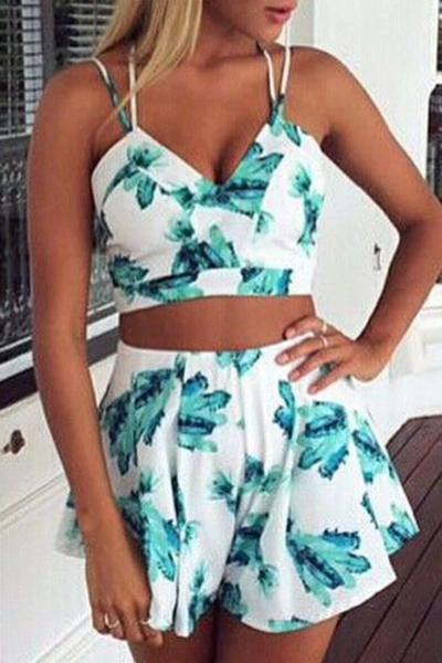 Oasap Green Floral Crop Top High-waist Shorts Matching Sets