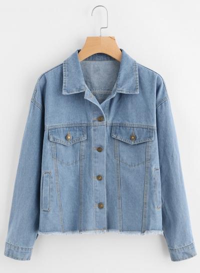 Oasap Turn Down Collar Long Sleeve Patch Denim Coat