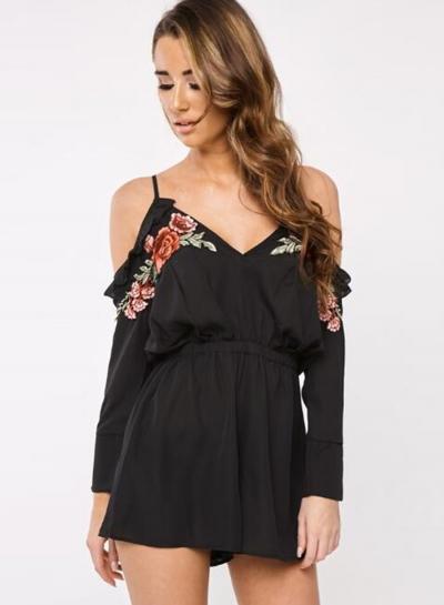 Oasap Off Shoulder Long Sleeve Floral Embroidery Romper