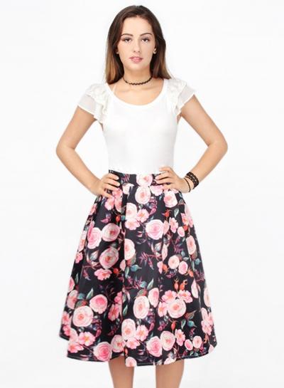 Oasap Contrast Floral Short Sleeve A-line Dress