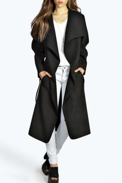 Oasap Elegant Solid Color Turn Down Collar Belted Coat