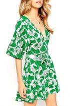 Oasap Modern Leaf Print Deep V Lace-up A-line Dress
