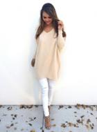 Oasap Solid V Neck Long Sleeve Loose Pullover Knit Sweater