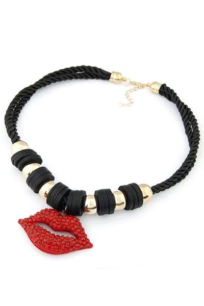 Oasap Red Lips Beaded Bib Necklace