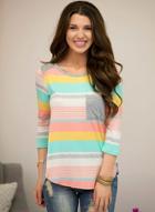 Oasap Round Neck Three Quarter Length Sleeve Striped Printed Pullover Tee Shirt