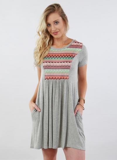 Oasap Round Neck Short Sleeve Loose Fit Mini Pleated Dress