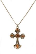 Oasap Vintage Orange Rhinestone Cross Pendant Necklace
