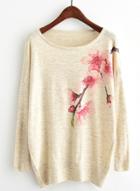 Oasap Round Neck Batwing Sleeve Floral Printed Sweater