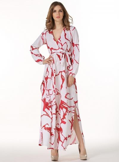 Oasap V Neck Long Sleeve High Slit Printed Maxi Dress