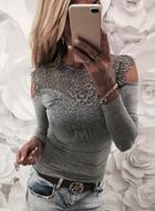 Oasap Round Neck Long Sleeve Off Shoulder Lace Splicing Tee Shirt