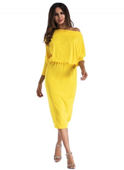 Oasap Solid Color One Shoulder Half Sleeve Midi Dress