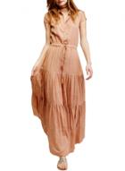 Oasap Women's Turn Down Collar Short Sleeve Tie Waist Maxi Dress