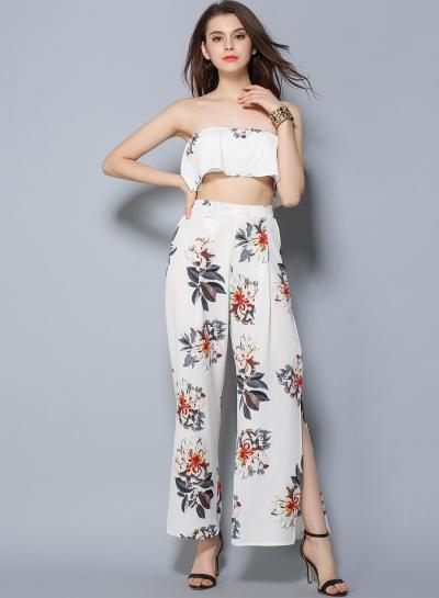 Oasap Floral Print Wide Leg Pants Set