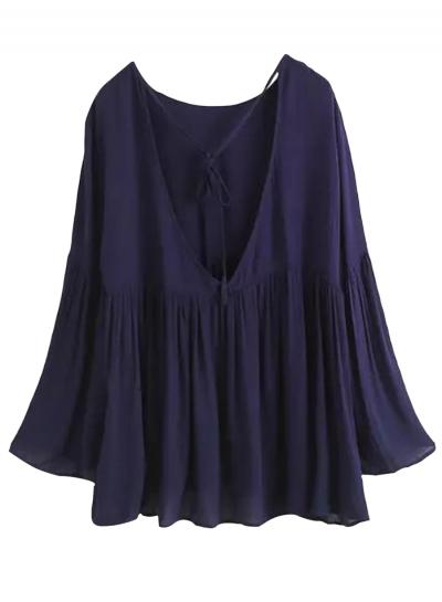 Oasap Women's Lace Up Flare Sleeve Cotton Linen Blouse