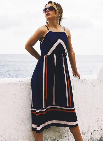 Oasap Fashion Striped Spaghetti Strap Sleeveless Midi Dress