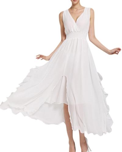 Oasap Women's V Neck Elastic Waist Party Irregular Chiffon Dress