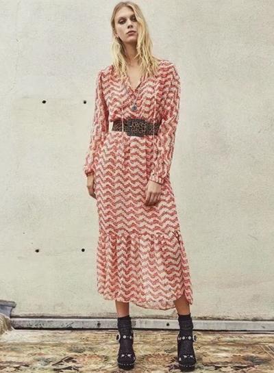 Oasap Wave Print Lantern Sleeve Dress