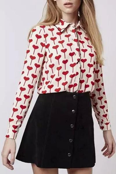 Oasap Delicate Sweetheart Print Long Sleeve Button Down Shirt