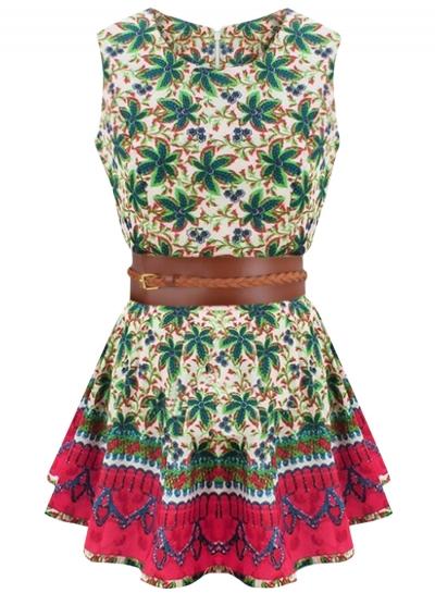 Oasap Women's Sleeveless Floral Print Mini A-line Dress With Belt