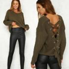 Oasap V Neck Long Sleeve Back Lace-up Pullover Sweater