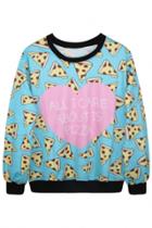 Oasap Sweet Graphic Pizza Pattern Aqua Sweatshirt