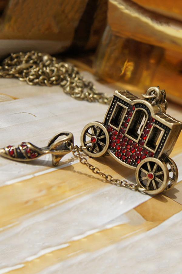 Oasap Pumpkin Carriage Pendant Red Rhinestone Embellished Necklace