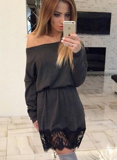 Oasap Fashion Long Sleeve Lace Trim Dress