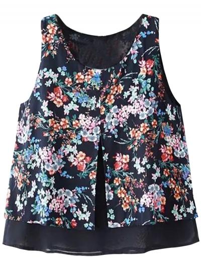 Oasap Women's Floral Print Slit Round Neck Sleeveless Chiffon Top
