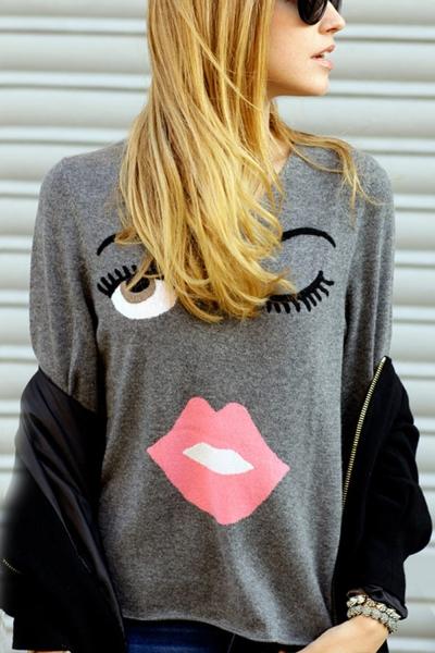 Oasap Eye Lip Graphic Long Sleeve Knit Tee