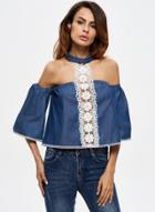 Oasap Slash Neck Lace Trimming Front Denim Blouse