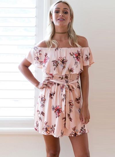 Oasap Slash Neck Floral Print Tie Waist Dress
