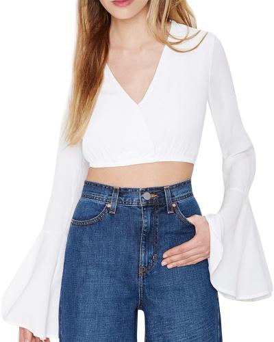 Oasap Women's Deep V Flare Sleeve Crop Top