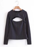 Oasap Round Neck Long Sleeve Hollow Out Striped Printed Blouse