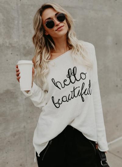 Oasap Loose Fit Off Shoulder Letter Print Long Sleeve Tee Shirt