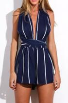 Oasap Navy Striped Plunging Crossback Romper