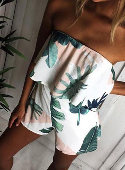 Oasap Fashion Strapless Ruffle Leaf Printed Romper