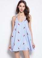 Oasap Wonen's Striped Embroidered Halter Neck Backless Mini Dress
