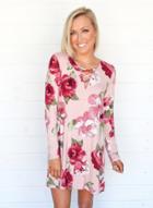 Oasap V Neck Long Sleeve Floral Print Loose Mini Dress