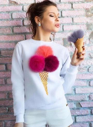 Oasap Ice Cream Graphic Pompon Round Neck Sweatshirt