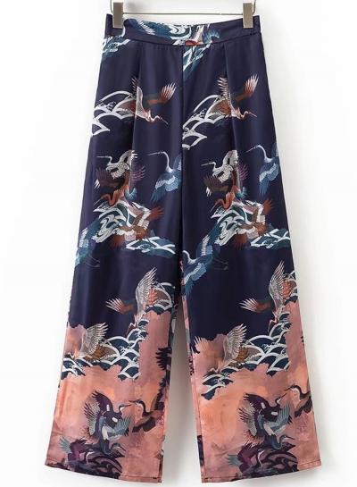 Oasap Casual Crane Print High Waist Wide Leg Pants