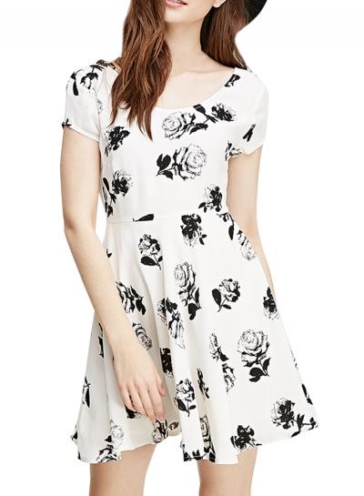 Oasap Women's Casual Short Sleeve Floral Print Mini Skater Dress