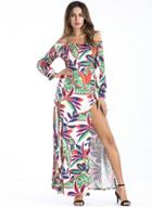 Oasap Off Shoulder Long Sleeve Leaf Printed Slit Maxi Dress
