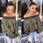Oasap Fashion Off Shoulder Long Sleeve Full Zip Jacket