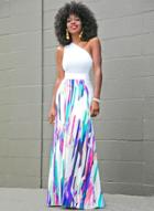 Oasap One Shoulder Solid Top Maxi Skirt 2 Piece Set